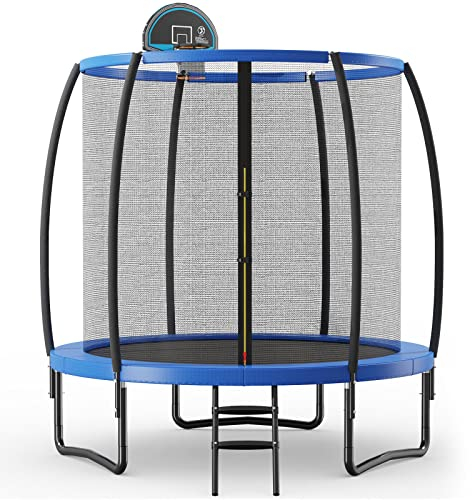 COSTWAY Ø244/305/366cm Trampolin Outdoor, Gartentrampolin mit Leiter, GS Zertifiziert, Kindertrampolin Trampolin Komplettset mit Basketball, Sprungmatte, Sicherheitsnetz & Randabdeckung (φ244cm)