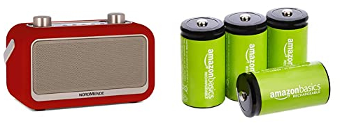 Nordmende Transita 30 - portables Digitalradio (DAB+, Kopfhöreranschluss, 2 x 3 Watt Stereolautsprecher) rot & Amazon Basics - Babyzellen (C) Akkumulatoren 1.2 V (5000 mAh NI-MH), 4er-Pack