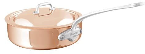 Mauviel M'6S 6 capas de cobre pulido y acero inoxidable sartén con tapa y asas de acero inoxidable fundido, adecuado para todo tipo de estufas, 3.2 cuartos de galón, fabricado en Francia