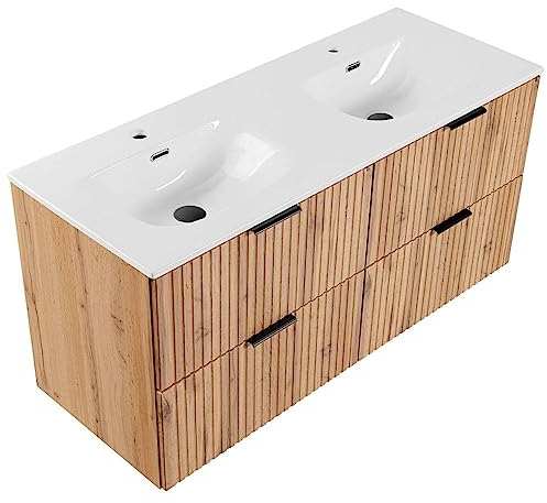 Lomadox Badmöbel Waschtisch mit Unterschrank Set 120cm, Wotaneiche gerillt, 2 Keramik Doppel-Waschbecken, 4 Softclose-Schubkästen, B/H/T 121/58,5/46 cm