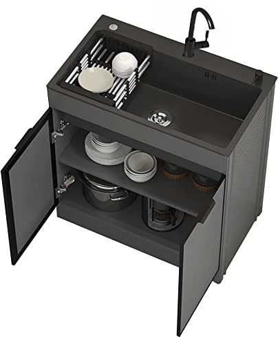 Set évier Cuisine 1 Bac Ensemble évier + Meuble Bas Baie économique,Evier Exterieur Inox Professionnel Noir,Meuble Sous-évier,avec 2 Porte,Robinet,Et Tuyau De Vidange,pour Intérieur/Extérieur ( Size :
