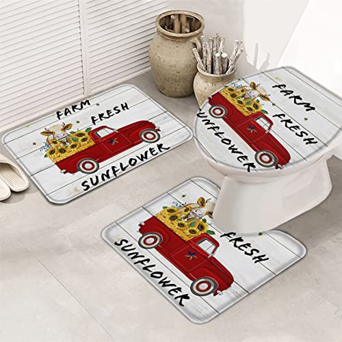 Badematten Set 3 Teilig Bauernhoftier-Kuh-Roter LKW-Frühlings-Blumen-Korn Wasserabsorbierend Contour Badteppich Langlebige Wc-Deckelbezug Badgarnitur Matte