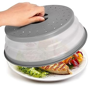 Foldable Microwave Cover, Multi Functional Food Cover, Splatter Cover Guard Lid with Steam Vent for Fruit Vegetables Kitchen Drainer Basket(Grey)