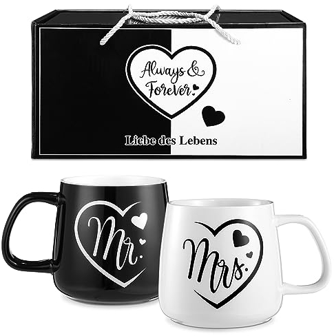 LIHAO Mr&Mrs Tasses à Café Amoureux Couple, 2pcs Mugs Couple en Céramique, Idee Cadeau Mariage Anniversaire,Noel,Fiançailles,Crémaillère,Saint-Valentin 350ML