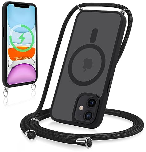 Yoedge Magnetische Handyhülle für iPhone 11 6,1 Hülle mit Band, Kompatibel mit MagSafe, Matt Transluzente PC + TPU Stoßfest Schutzhülle mit Abnehmbar Handyband Kordel zum Umhängen Case, Schwarz