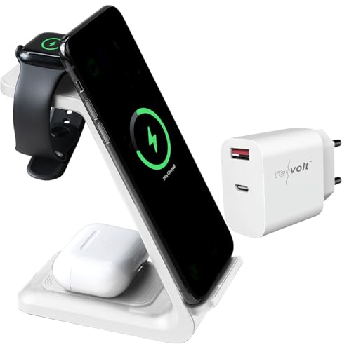 Callstel Tisch-Ladestationen: 3in1-Ladestation 20 W für iPhone, Apple Watch & AirPods, mit Netzteil (Schnellladestation für Apple, Apple Watch Charger Portable, Magnet Ladekabel)