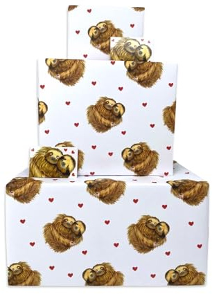 Twizler Geschenkpapier mit Faultier-Herzen, 4 Bögen & 4 Etiketten, gefaltete Blätter, 70 cm x 50 cm, Geschenkpapier für jeden Anlass, für Männer oder Frauen, niedlich