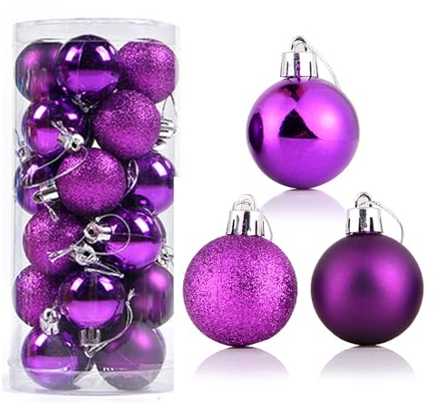 Prismoria Weihnachtsbaumschmuck, Kugeln, 4 cm, Weihnachtsbaumdekoration, Feiertagsparty, Hochzeitsdekoration mit Umhängeband, violett, bruchsicher, Kunststoff, dekorative hängende Kugeln-Set