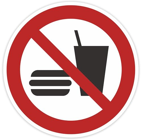 Schild 50mm Durchmesser - DIN EN ISO 7010 - DIN 4844 - ASR A1.3 - Verbotszeichen 5cm für Innen und Aussen - PVC Aufkleber - selbstklebend (25, P022 Essen und Trinken verboten)