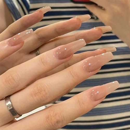 24pcs Long Coffin False Nails Nude Stick on Nails Ombre Press on Nails Removable Glue-on Nails Full Cover Acrylic Fake Nails Women Girls Nail Art Accessories