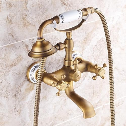 ZYCDP Badewannenarmatur Wannenarmatur Mit Handbrause Retro Messing Wandmontage Zwei Griffe Wannenbatterie Badewanne Wasserhahn Dusche Set, Antik B