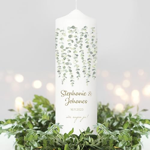 Wandtattoo Loft Hochzeitskerze personalisiert mit Namen und Datum, Motiv mit Eukatyptus Girlande 25cm x 7cm, personalisierte Traukerze, Hochzeit Kerze selbst gestalten, Hochzeitsgeschenk
