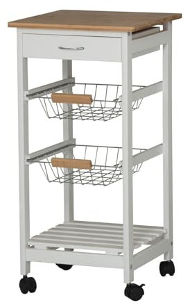 URBNLIVING 3 Tier Portable Oasis Bamboo Top MDF Kitchen Trolley Drawer Shelf Cart on Wheels