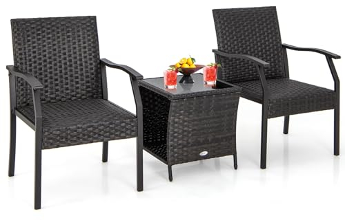 COSTWAY 3-teiliges Gartenmöbel Set, Rattan Balkonset mit 2 Stühlen und Tisch, Balkonmöbel mit gepolstertem Sitz, Rattanmöbel für kleinen Balkon, Terrassenmöbel, Sitzgruppe für Garten, Veranda