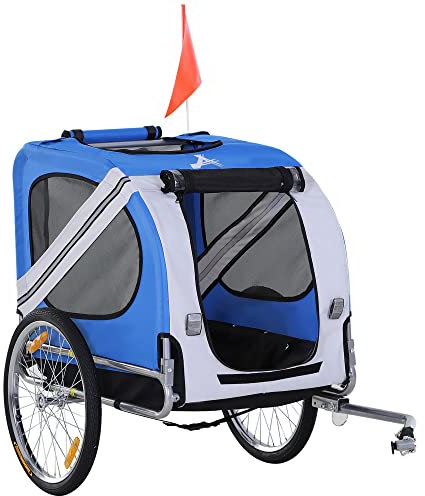PawHut Remorque vélo pour Chien Animaux 8 réflecteurs Drapeau Barre attelage Inclus Acier Polyester imperméable Max. 30 Kg 130L x 73l x 90H cm Blanc et Bleu