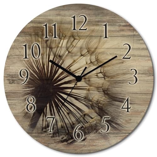 ARTLAND Wanddeko Wanduhr ohne Tickgeräusche aus Holz Funkuhr lautlos rund Ø 30 cm Große Pusteblume T4RE Blumen Pflanzen