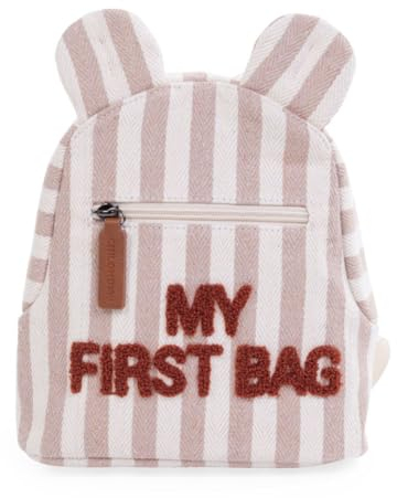 CHILDHOME, Kinderrucksack Baby, Schule, Kindergarten, Vorschule, Kinderkrippe, Zwei Fächer, Krippenrucksack, Flaschen geeignet, Sicherheitsschnalle, Wasserabweisend, My First Bag, Terracotta-Streifen