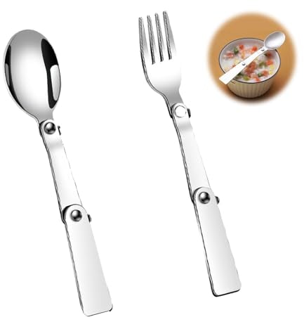 2 Piezas Cubiertos de Acero Inoxidable Portátiles, Tenedor y Cuchara Plegables, Vajilla Portátil para Exteriores, para Exteriores, Picnic, Viajes, Vajilla, Camping, Senderismo