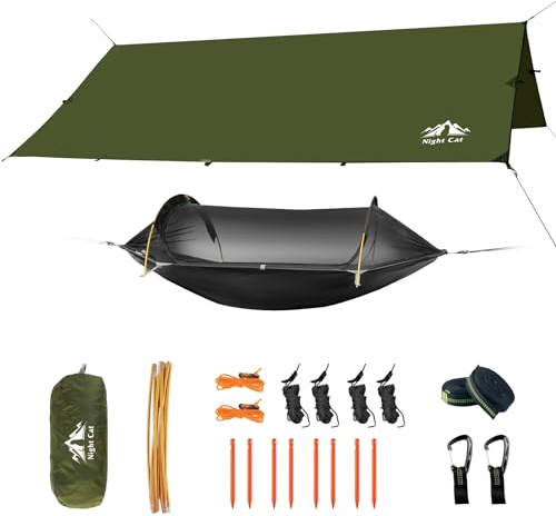 Night Cat Hängematte Zelt 1 Person: Leichte Tragbar Hängematte Mit Moskitonetz und Tarp wasserdichte Wandern Camping im Garten Hinterhof Wilde