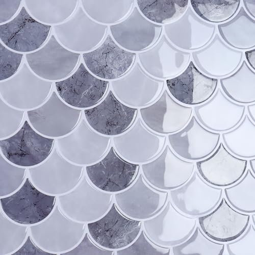 CRE8TIVE Grey White Fish Scale Wall Tiles Peel and Stick Wall Tiles Waterproof Splashback for Kitchen Bathroom Tile Stickers Marble 3D Tile Stickers Shower Room Fireplace 30.5cm x 30.5cm 4 PCS