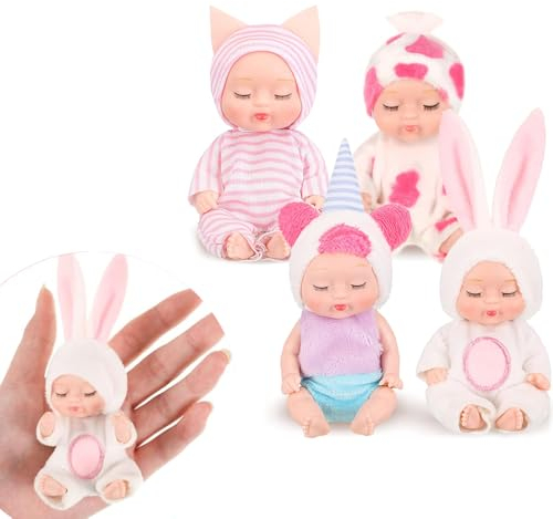 Fiotha Babypuppe, Mini Babypuppen, 4 Stück Puppen, Mini Baby, Newborn Reborn Baby, Waschbares Babypuppen Set, Mini Reborn Puppen, Für Mädchen ab 3 Jahren, Spielzeug Geschenk