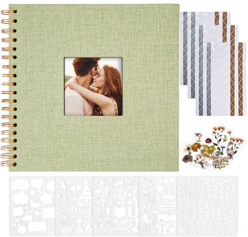 Vienrose Fotoalbum zum Selbstgestalten 20,5 x 20,5 cm, Leinen Fotoalbum mit 40 Weißen Seiten, Leeres Kraftpapier, DIY Scrapbook Spiralalbum Set für Babys, Familien, Hochzeiten, Jahrestag, Grasgrün