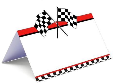 Platzkarten für Geburtstagsparty mit Rennwagenmotiv – 50 Stück, Tisch-Namenskarten für Kinder, Jungen, Babyparty, gestanzte karierte Flagge, faltbare Zeltkarten für Lebensmitteletiketten, Sitz- und