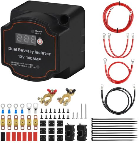 SWAWIS Trennrelais 12v 140A Zweitbatterie Kit, Manueller & Automatischer Modi Spannungsempfindliches Relais mit Bildschirmanzeige Dualer Batterietrenner mit 2m Kabel für KFZ Wohnmobilen LKW SUV RV ATV