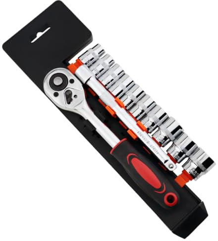 HENYQANN 12 Pièces Jeu de Douilles à Cliquet Réversible 3/8 Jeu de Clés à Cliquet CR-V Inserts D'embouts Hexagonaux de 8 à 19MM et Extension D'adaptateur 3/8 (6 Pouces)