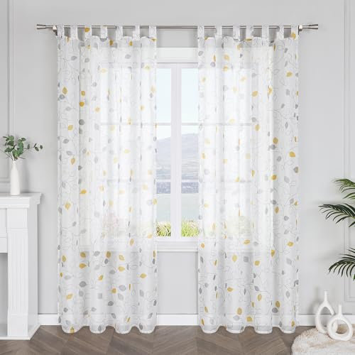 SCHOAL Gardinenschal mit Schlaufen Transparent Vorhang Voile Gardine mit Blätter Modern Dekoschal Schlaufenschal für Fenster 1 Stück BxH 140x175cm Gelb