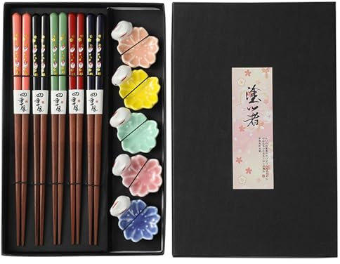 5 Paar Essstäbchen Mit 5 Niedlicher Hase Keramik Stäbchen Halter, Holz Sushi Chopsticks Mit Geschenkbox, Wiederverwendbar Mit Keramik Auflagen