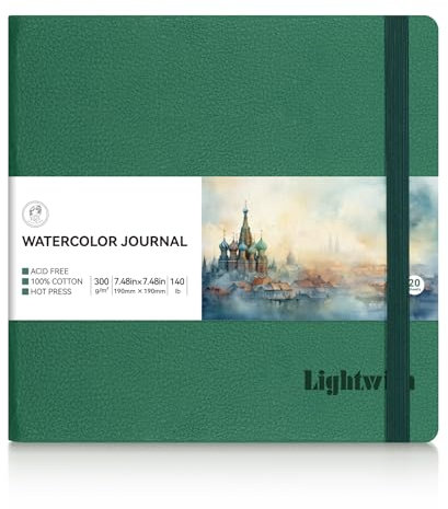 Lightwish Quadratisches Aquarell-Tagebuch, 100 % Baumwolle, Heißpress-Aquarellpapier, Skizzenbuch, 19 x 19 cm, 20 Blatt (300 g/m²), säurefrei, für Aquarell, Gouache, Acryl