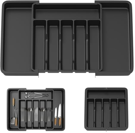 Cutlery Tray Plastic Drawer Organiser Expandable from 33 x 38cm to 57 x 38cm, 5cm Depth, Waterproof Utensil and Silverware Holder 6 to 8 Separate Slots for Kitchen, Bedroom, Office