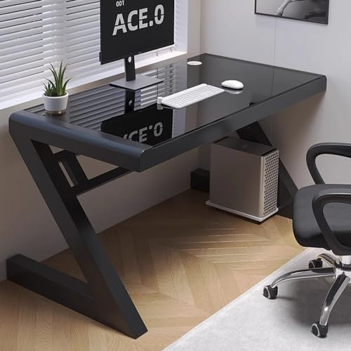 Bureau d'ordinateur moderne en verre trempé noir avec trous filetés pour bureau, bureau, bureau, bureau, 6 mm d'épaisseur, plateau en verre trempé, design en forme de Z