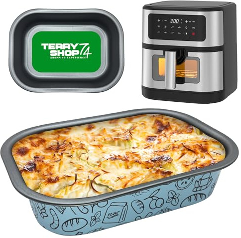 Terryshop74® Teglia Azzurra Rettangolare 22x16x5 cm in Alluminio Antiaderente – Mini Teglia per Friggitrice ad Aria, Forno e Airfryer – Riutilizzabile, Capiente e Facile da Pulire (Base 20x14 cm)