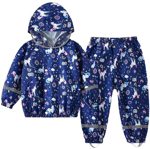 Impermeable Chubasquero Niñas - Abrigos Impermeables & Pantalones Conjunto de 2 Piezas, Niñas Chaqueta de Lluvia con Capucha Pantalones Impermeables Reutilizable Traje Impermeable para 1-7 Años