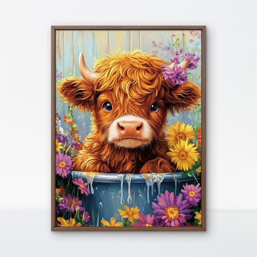 HKLIOPU Kreuzstich Stickpackung Blumen und Hochlandrinder11CT Sticken Set Erwachsene Kreuzstich,DIY Stickbilder Vorgedruckt Kreuzstich für Anfänger Home Decor 30x40cm(S1228-15)