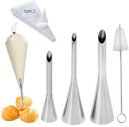 3Pcs Cream Icing Piping Nozzle Tip Set, with 50 Pcs Disposable Piping Bags, Long Puff Cream Filling Piping Tip for Donuts, Cupcakes, Eclairs, Desserts