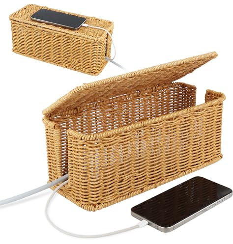 VFANDV Caja de Gestión de Cables Hecha a Mano, Caja de Gestión de Cables de Ratán, Organizador de Cables Bajo el Escritorio Cables de TV per Casa Ufficio, 31,5 x 13 x 13 cm