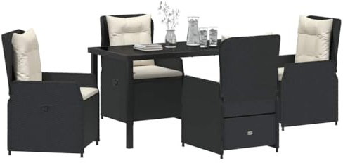 vidaXL 5-teiliges Garten-Esszimmer Set in Schwarz aus Polyrattan | 4-Sitzer mit Stahlrahmen und Kissen, Tisch 140 x 80 cm, wetterfestes Outdoor-Möbel im modernen Design für Balkon oder Terrasse