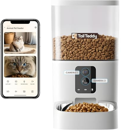 Automatic Cat Feeder with Dual Camera & AI Detection (6L), Smart Pet Feeder with WiFi App & Two-Way Audio, Timed Cat Feeder up to 6 Meals/Day, Stainless Steel Bowl & Battery Backup
