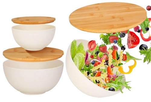 gifyym Mixing Bowls, 3-Piece Salad Bowls, Bowl Set with Wooden Lid, Storage Container, Kitchen Aid for Serving, Preparing for Fruit, Bread, Soup, Cooking, Baking