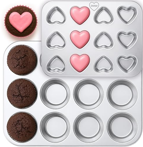 immer Set di 2 teglie per muffin in acciaio inox – 12 muffin + mini cuori – Senza rivestimento, senza PFAS, resistente al calore, durevole, facile da pulire, lavabile in lavastoviglie