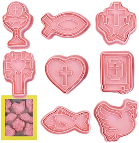 Christliche Ausstechformen – Kommunion-Keksformen-Set 8, 3D-Kelch-Heilige-Becher-Form, Taufe-Backformen, Liebesfisch-Friedenstauben-Design | Religiöse Backformen für Ostern, Halloween, Konfirmation