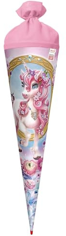 ROTH Schultüte 70 cm groß mit Motiv Einhorn Beauty – runde Zuckertüte zur Einschulung mit Filzverschluss und Stabiler Rot(h)-Spitze