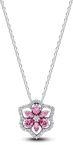 PANDORA Collana Timeless Herbarium con ciondolo a forma di fiore, 925 argento sterling con zirconi cubici rosa e trasparenti, collana da donna con ciondolo mobile, lunghezza 45 cm, 394576C01-45