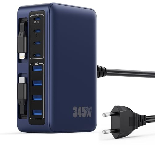 345W USB C Ladegerät Mehrfach mit Einziehbarem Ladekabel, 10-in-1 GaN VI Ladestation, PD/PPS/QC Schnellladegerät USB C Netzteil mit 2 Retractable Kabeln für MacBook, iPhone, Sam Sung, Tablet (Blau)