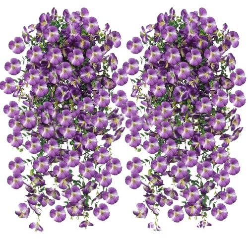 Artificial - 2 Pieces Realistic Pansy Pansy Hanging Flower Garland Realistic Fake Plant Decorative Accent | Backyard Birdwatching Decoration for Patio, Porch, C