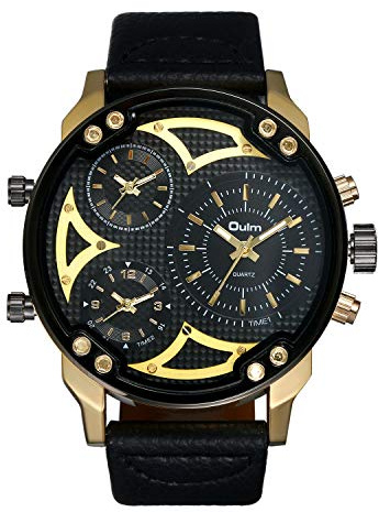 JewelryWe Herren Übergroße Armbanduhr DREI Zeitzone Analog Quarz Uhr Leder Band Sportuhr mit schwarzem Zifferblatt
