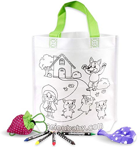 aeioubaby.com 10 Borsette da Colorare | 10 Bustine singole con 5 Colori a Cera e un Palloncino | Regalo per bambini per le feste e i compleanni (Favola)